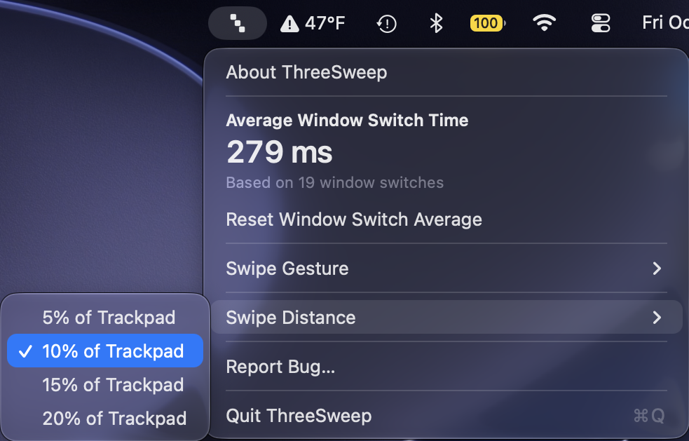 ThreeSweep menubar panel showing an average window switch time of 279 ms based on 19 window switches, with the Swipe Distance submenu open