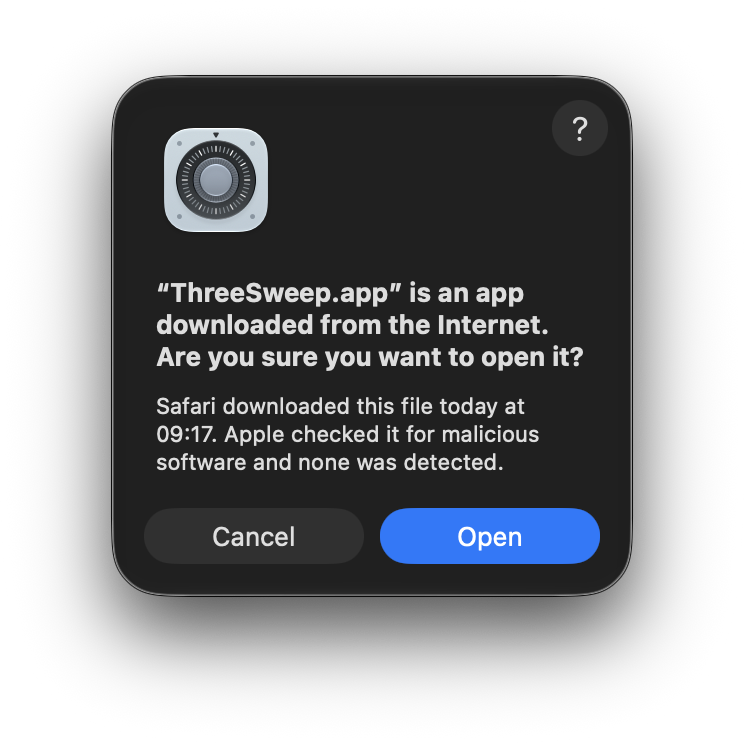 macOS dialog saying ThreeSweep.app was downloaded from the Internet, with Cancel and Open buttons