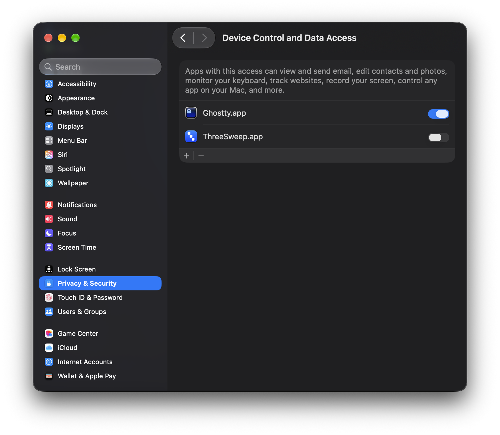 System Settings showing ThreeSweep.app toggle switched off under Device Control and Data Access