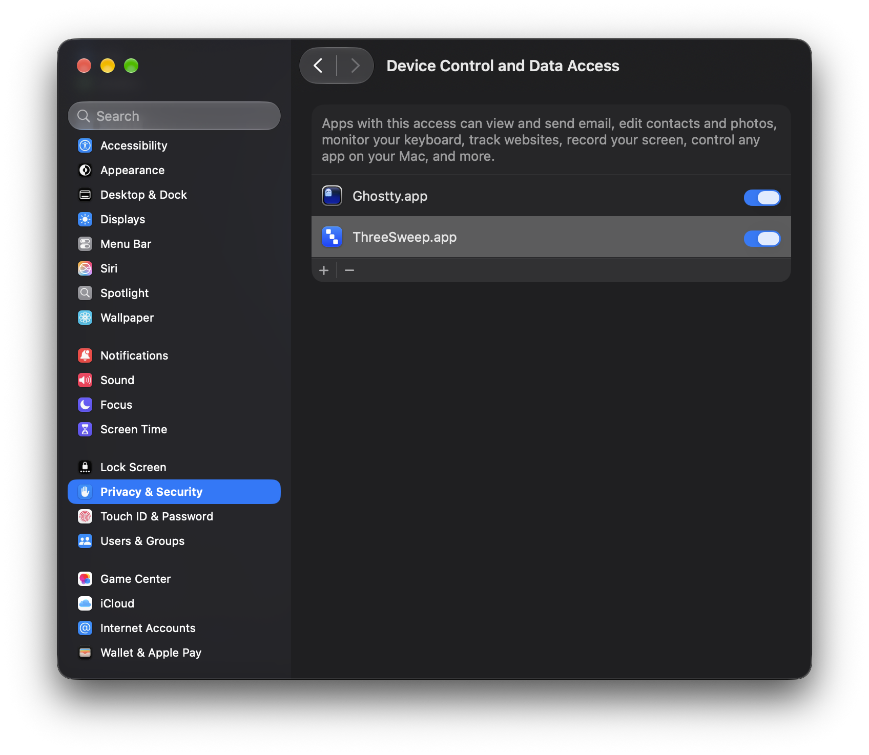 System Settings showing ThreeSweep.app toggle switched on under Device Control and Data Access